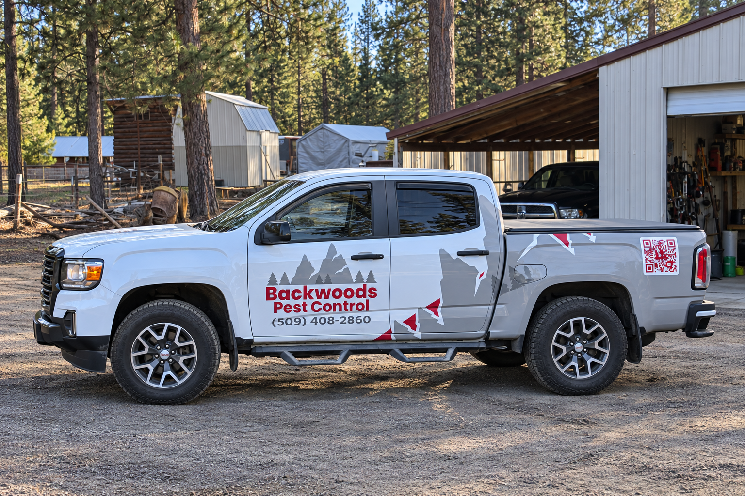 Backwoods Pest Control service truck with its direct office number 509-408-2860