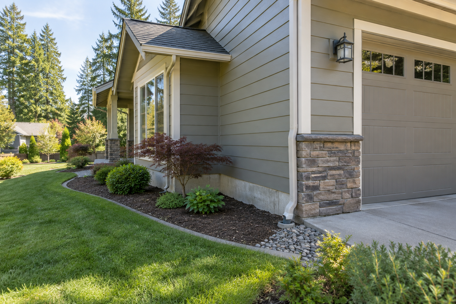 Illustrative view of a Pacific Northwest home exterior and foundation perimeter